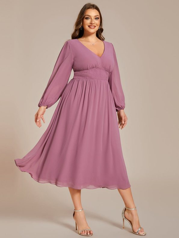 Chiffon V-Neck Long Sleeves Elastic Band Midi Wedding Guest Dress - Purple Orchid