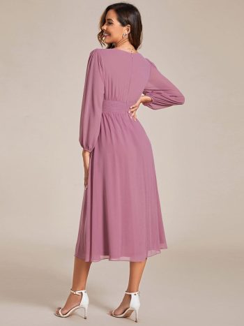 Chiffon V-Neck Long Sleeves Elastic Band Midi Wedding Guest Dress - Purple Orchid