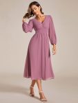 Chiffon V-Neck Long Sleeves Elastic Band Midi Wedding Guest Dress – Purple Orchid