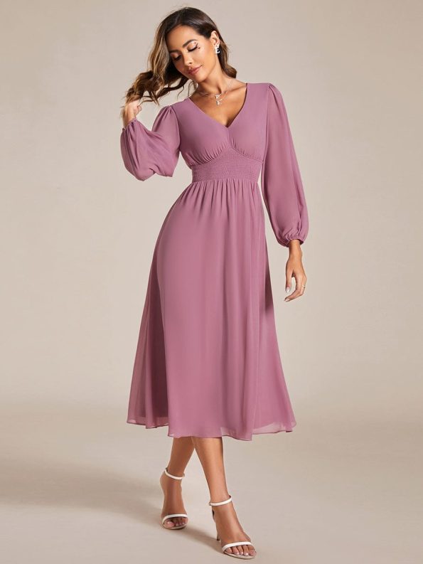 Chiffon V-Neck Long Sleeves Elastic Band Midi Wedding Guest Dress - Purple Orchid