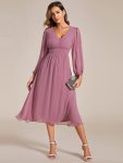 Chiffon V-Neck Long Sleeves Elastic Band Midi Wedding Guest Dress – Purple Orchid