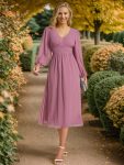 Chiffon V-Neck Long Sleeves Elastic Band Midi Wedding Guest Dress – Purple Orchid