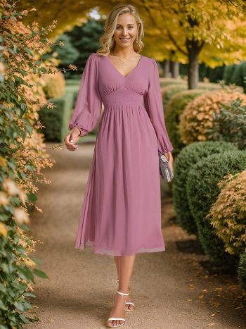 Chiffon V-Neck Long Sleeves Elastic Band Midi Wedding Guest Dress - Purple Orchid