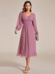 Chiffon V-Neck Long Sleeves Elastic Band Midi Wedding Guest Dress – Purple Orchid