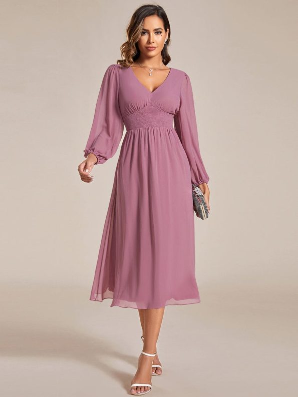 Chiffon V-Neck Long Sleeves Elastic Band Midi Wedding Guest Dress - Purple Orchid