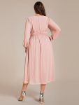 Chiffon V-Neck Long Sleeves Elastic Band Midi Wedding Guest Dress – Pink