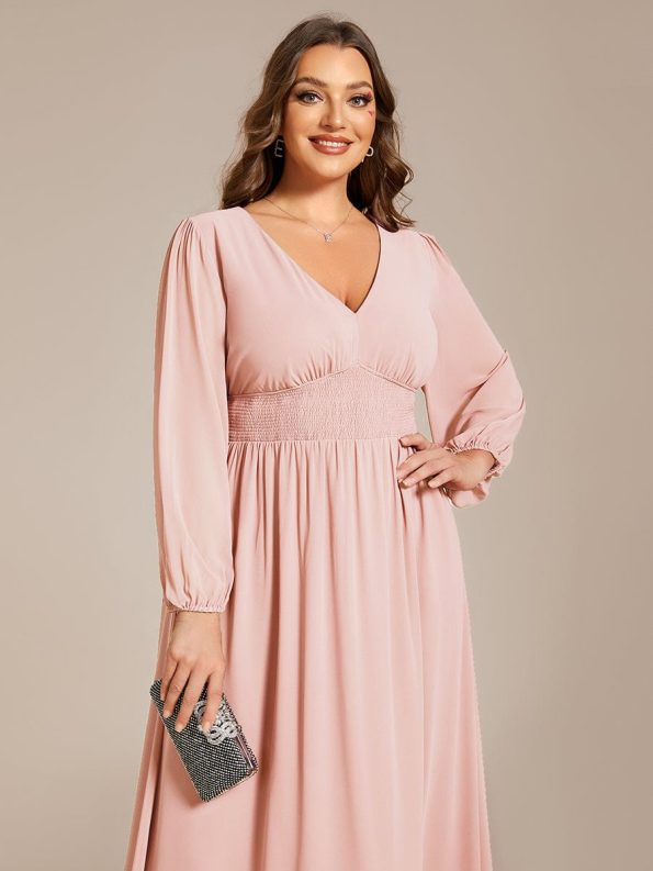 Chiffon V-Neck Long Sleeves Elastic Band Midi Wedding Guest Dress - Pink