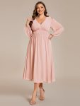 Chiffon V-Neck Long Sleeves Elastic Band Midi Wedding Guest Dress – Pink