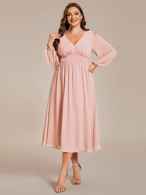 Chiffon V-Neck Long Sleeves Elastic Band Midi Wedding Guest Dress - Pink