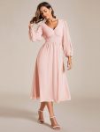 Chiffon V-Neck Long Sleeves Elastic Band Midi Wedding Guest Dress – Pink