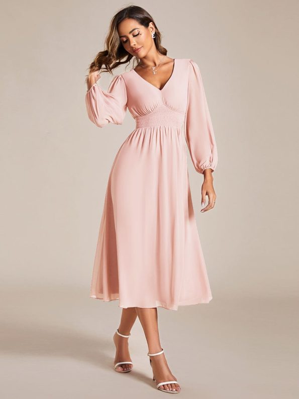 Chiffon V-Neck Long Sleeves Elastic Band Midi Wedding Guest Dress - Pink