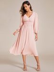 Chiffon V-Neck Long Sleeves Elastic Band Midi Wedding Guest Dress – Pink