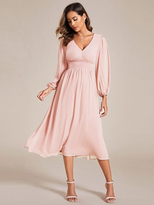 Chiffon V-Neck Long Sleeves Elastic Band Midi Wedding Guest Dress - Pink