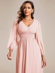 Chiffon V-Neck Long Sleeves Elastic Band Midi Wedding Guest Dress – Pink