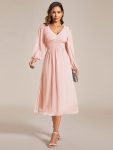 Chiffon V-Neck Long Sleeves Elastic Band Midi Wedding Guest Dress – Pink