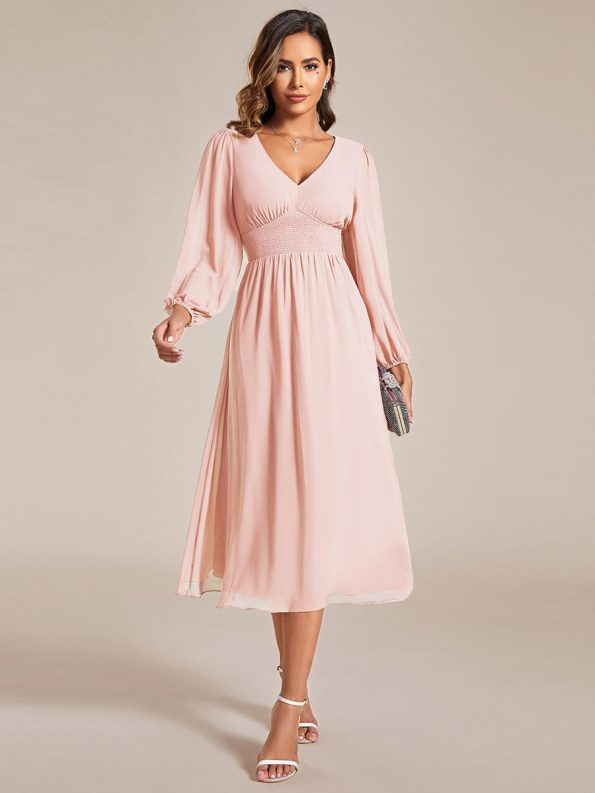 Chiffon V-Neck Long Sleeves Elastic Band Midi Wedding Guest Dress - Pink