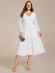 Chiffon V-Neck Long Sleeves Elastic Band Midi Wedding Guest Dress – White