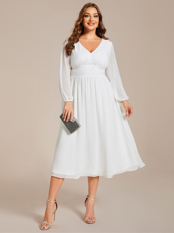 Chiffon V-Neck Long Sleeves Elastic Band Midi Wedding Guest Dress - White