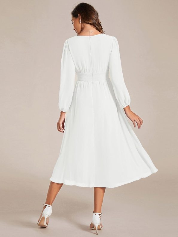 Chiffon V-Neck Long Sleeves Elastic Band Midi Wedding Guest Dress - White