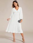 Chiffon V-Neck Long Sleeves Elastic Band Midi Wedding Guest Dress – White