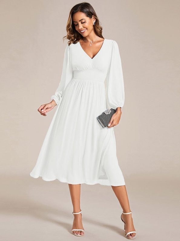 Chiffon V-Neck Long Sleeves Elastic Band Midi Wedding Guest Dress - White