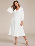 Chiffon V-Neck Long Sleeves Elastic Band Midi Wedding Guest Dress – White