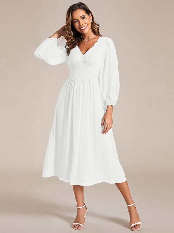 Chiffon V-Neck Long Sleeves Elastic Band Midi Wedding Guest Dress - White