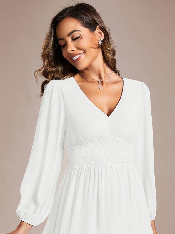 Chiffon V-Neck Long Sleeves Elastic Band Midi Wedding Guest Dress - White