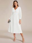 Chiffon V-Neck Long Sleeves Elastic Band Midi Wedding Guest Dress – White