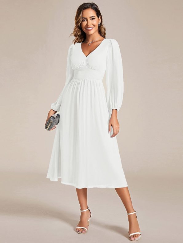 Chiffon V-Neck Long Sleeves Elastic Band Midi Wedding Guest Dress - White