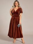 Plus Size A-line V-Neck Short Sleeve Pleated Velvet Fall Wedding Guest Dress – Caramel