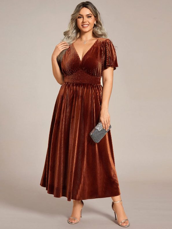 Plus Size A-line V-Neck Short Sleeve Pleated Velvet Fall Wedding Guest Dress - Caramel