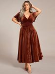 Plus Size A-line V-Neck Short Sleeve Pleated Velvet Fall Wedding Guest Dress – Caramel