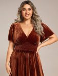 Plus Size A-line V-Neck Short Sleeve Pleated Velvet Fall Wedding Guest Dress – Caramel