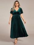 Plus Size A-line V-Neck Short Sleeve Pleated Velvet Fall Wedding Guest Dress – Dark Green