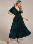 Plus Size A-line V-Neck Short Sleeve Pleated Velvet Fall Wedding Guest Dress – Dark Green