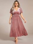 Plus Size A-line V-Neck Short Sleeve Pleated Velvet Fall Wedding Guest Dress – Purple Orchid