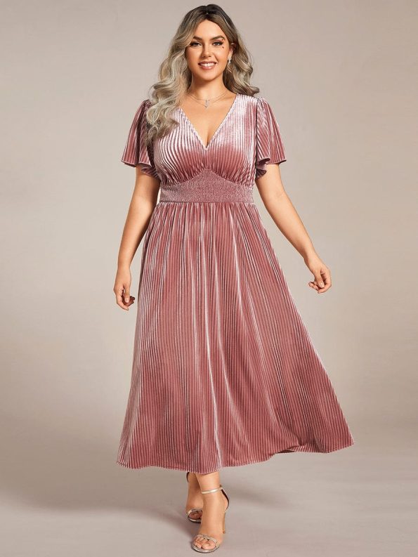 Plus Size A-line V-Neck Short Sleeve Pleated Velvet Fall Wedding Guest Dress - Purple Orchid