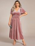 Plus Size A-line V-Neck Short Sleeve Pleated Velvet Fall Wedding Guest Dress - Purple Orchid