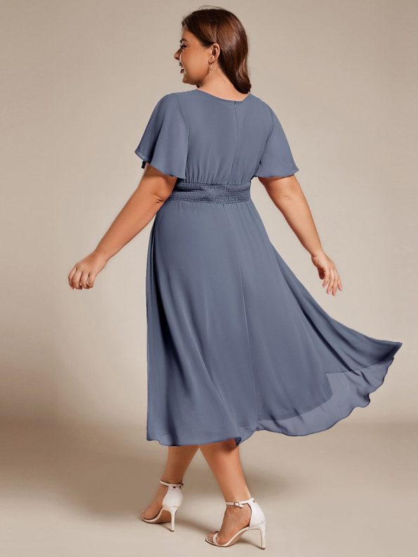 Flowy Chiffon Round Neckline A-Line Knee Length Wedding Guest Dress - Dusty Navy