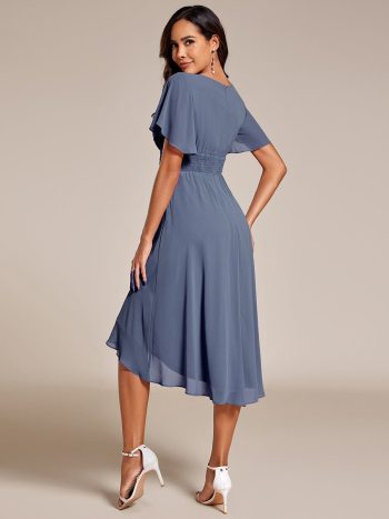 Flowy Chiffon Round Neckline A-Line Knee Length Wedding Guest Dress - Dusty Navy