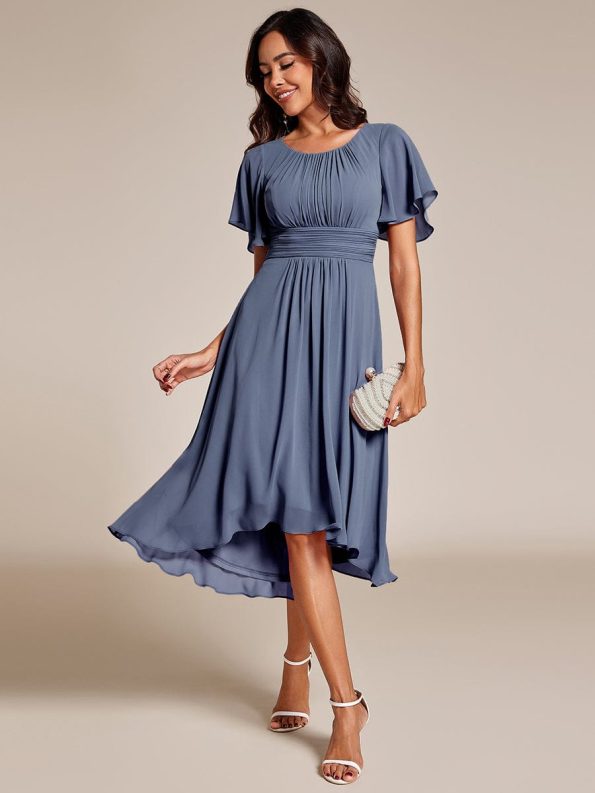 Flowy Chiffon Round Neckline A-Line Knee Length Wedding Guest Dress - Dusty Navy