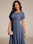 Flowy Chiffon Round Neckline A-Line Knee Length Wedding Guest Dress – Dusty Navy