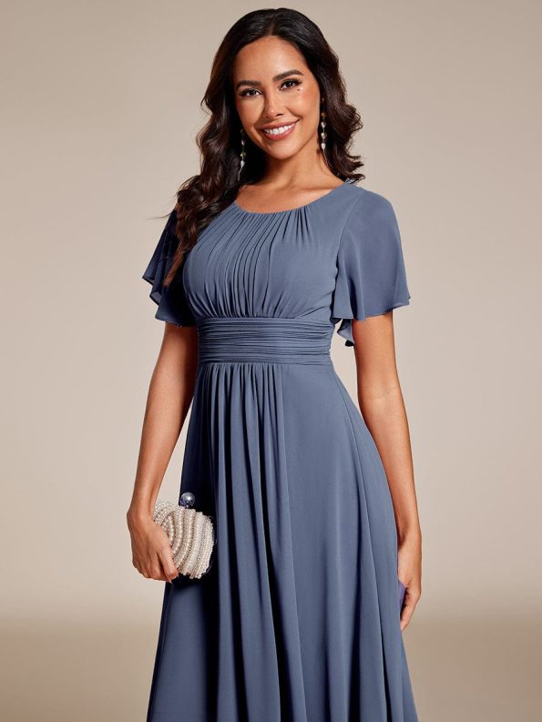 Flowy Chiffon Round Neckline A-Line Knee Length Wedding Guest Dress - Dusty Navy