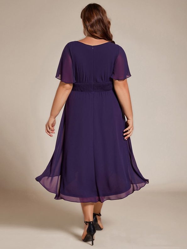 Flowy Chiffon Round Neckline A-Line Knee Length Wedding Guest Dress - Dark Purple