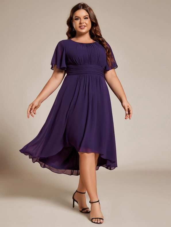 Flowy Chiffon Round Neckline A-Line Knee Length Wedding Guest Dress - Dark Purple