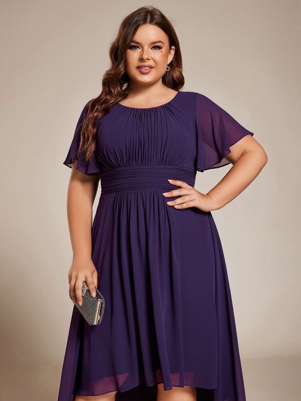 Flowy Chiffon Round Neckline A-Line Knee Length Wedding Guest Dress - Dark Purple