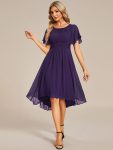 Flowy Chiffon Round Neckline A-Line Knee Length Wedding Guest Dress – Dark Purple