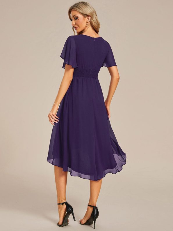 Flowy Chiffon Round Neckline A-Line Knee Length Wedding Guest Dress - Dark Purple