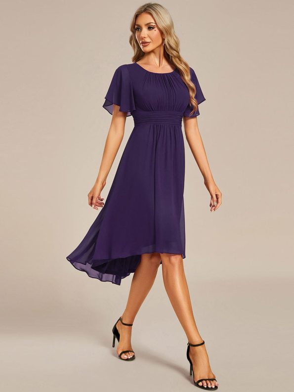 Flowy Chiffon Round Neckline A-Line Knee Length Wedding Guest Dress - Dark Purple